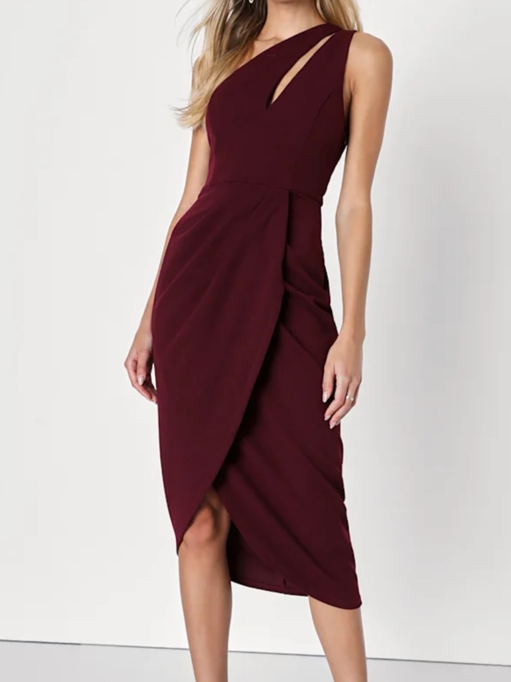 Burgundy One-Shoulder Cutout Asymmetrical Dress- M